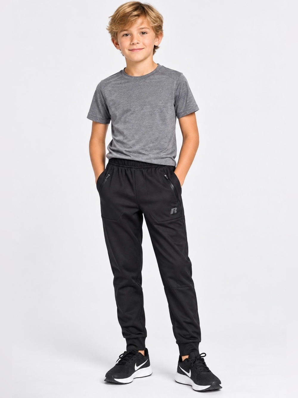 Russell Athletic Boy’s M(8) Black Jogger Casual Pants Zippered Pockets NWT